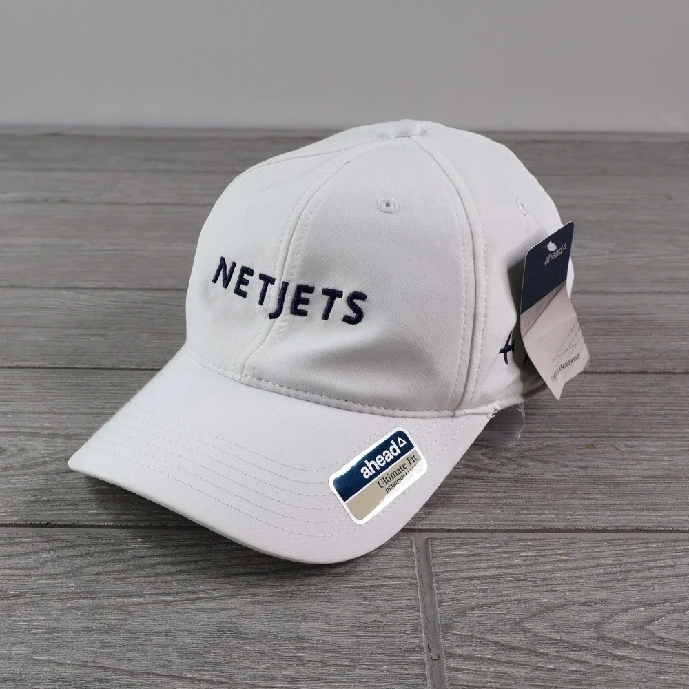 NWT Ahead NetJets Performance Golf Hat Men's OS White Navy Embroidered Cap